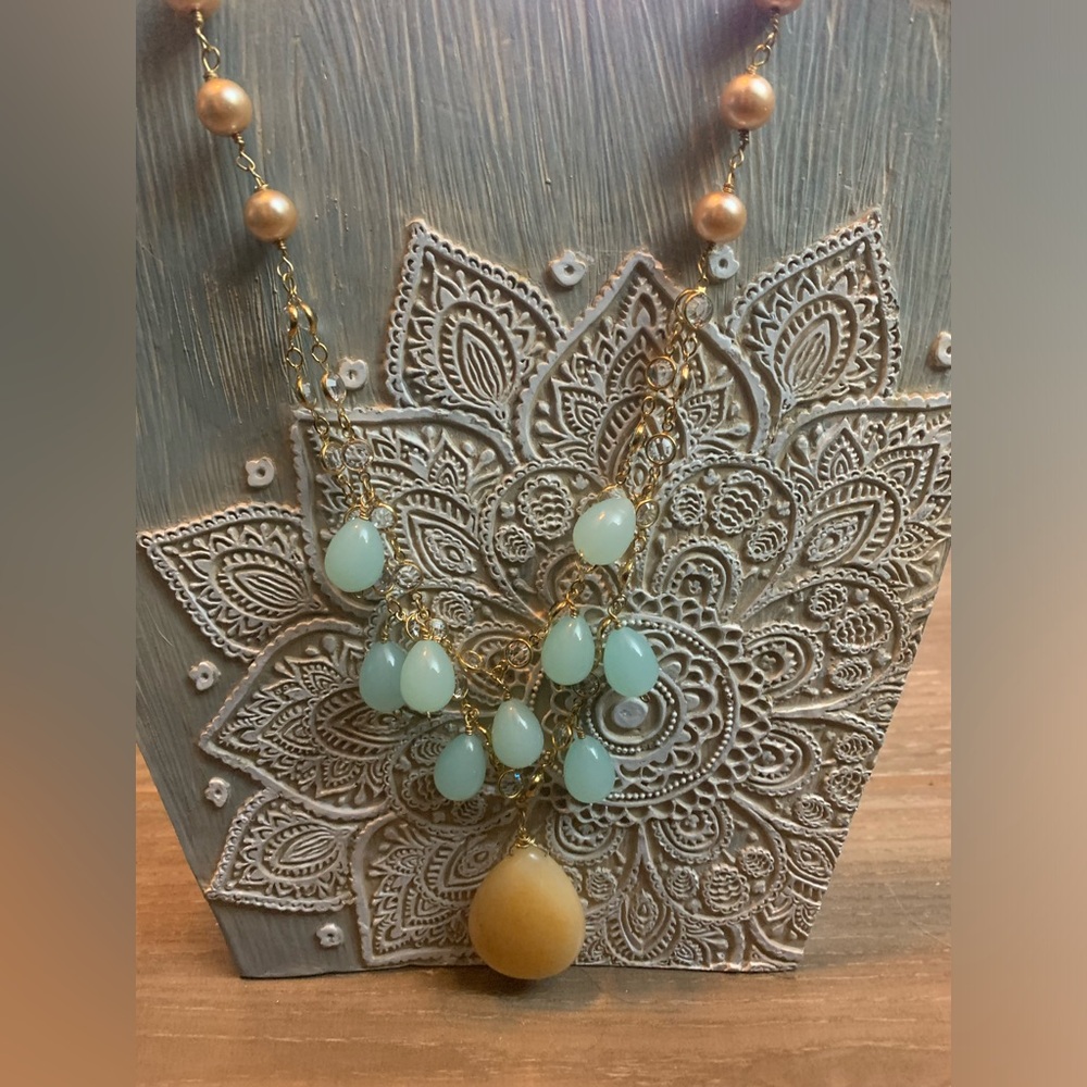 Goldtone Faux Pearl and Stone Necklace 18”